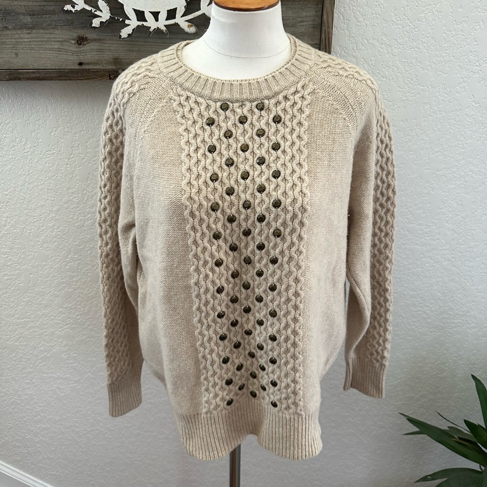 J. Crew Beige Wool Cable Knit Studded Sweater Ladies Large